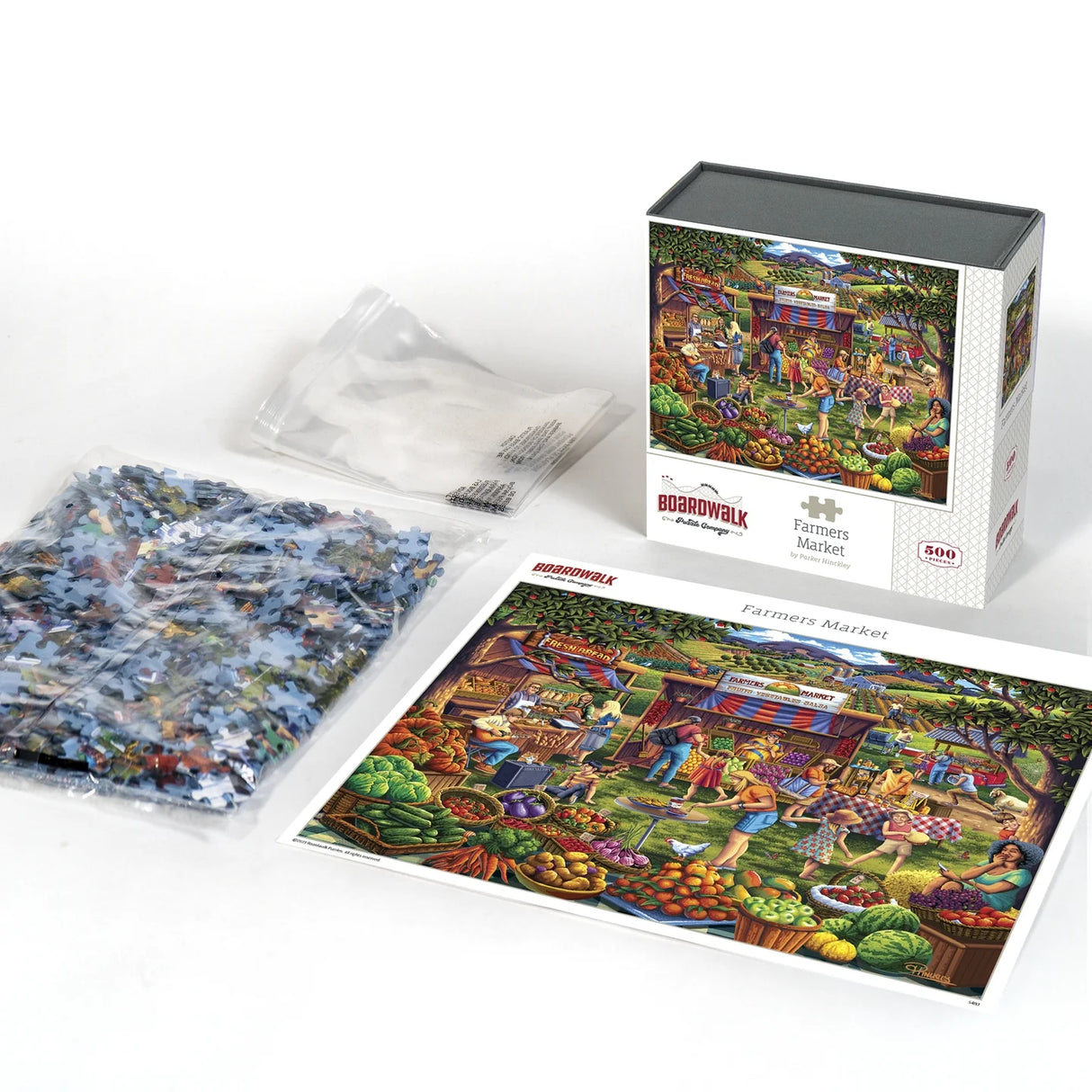 Contents for Boardwalk 500 piece jigsaw puzzle showing a lively outdoor farmers market scene with families shopping