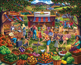 Puzzle image of a vibrant farmers market filled with vegetables, fruit, and happy shoppers, illustrated by Parker Hinckley