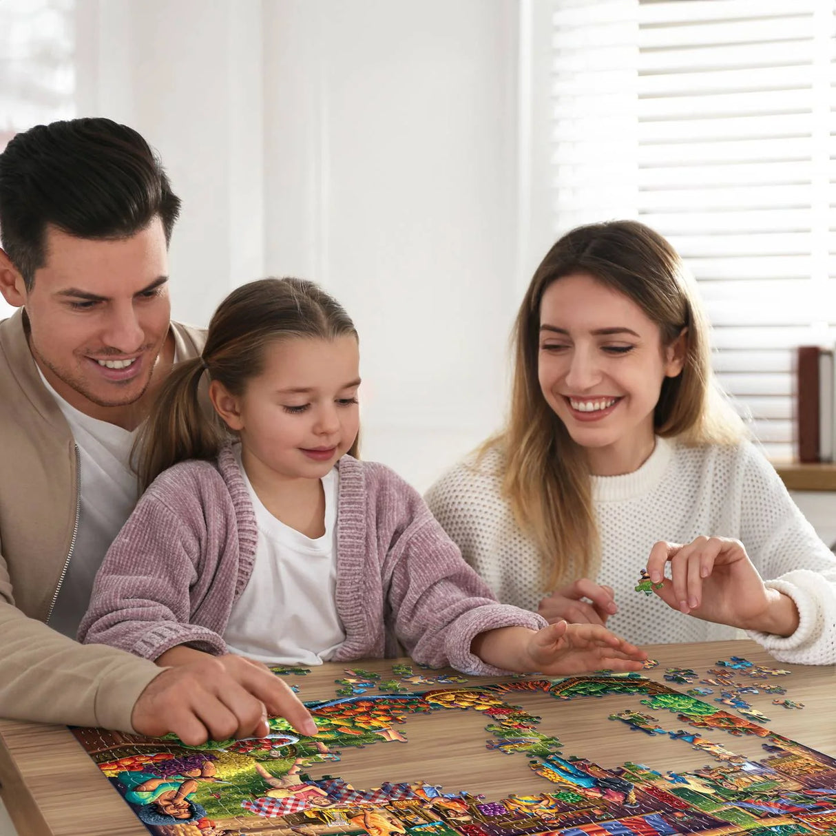 Family putting together the Folk-art style puzzle of a bustling farmers market with local vendors and seasonal produce by Boardwalk