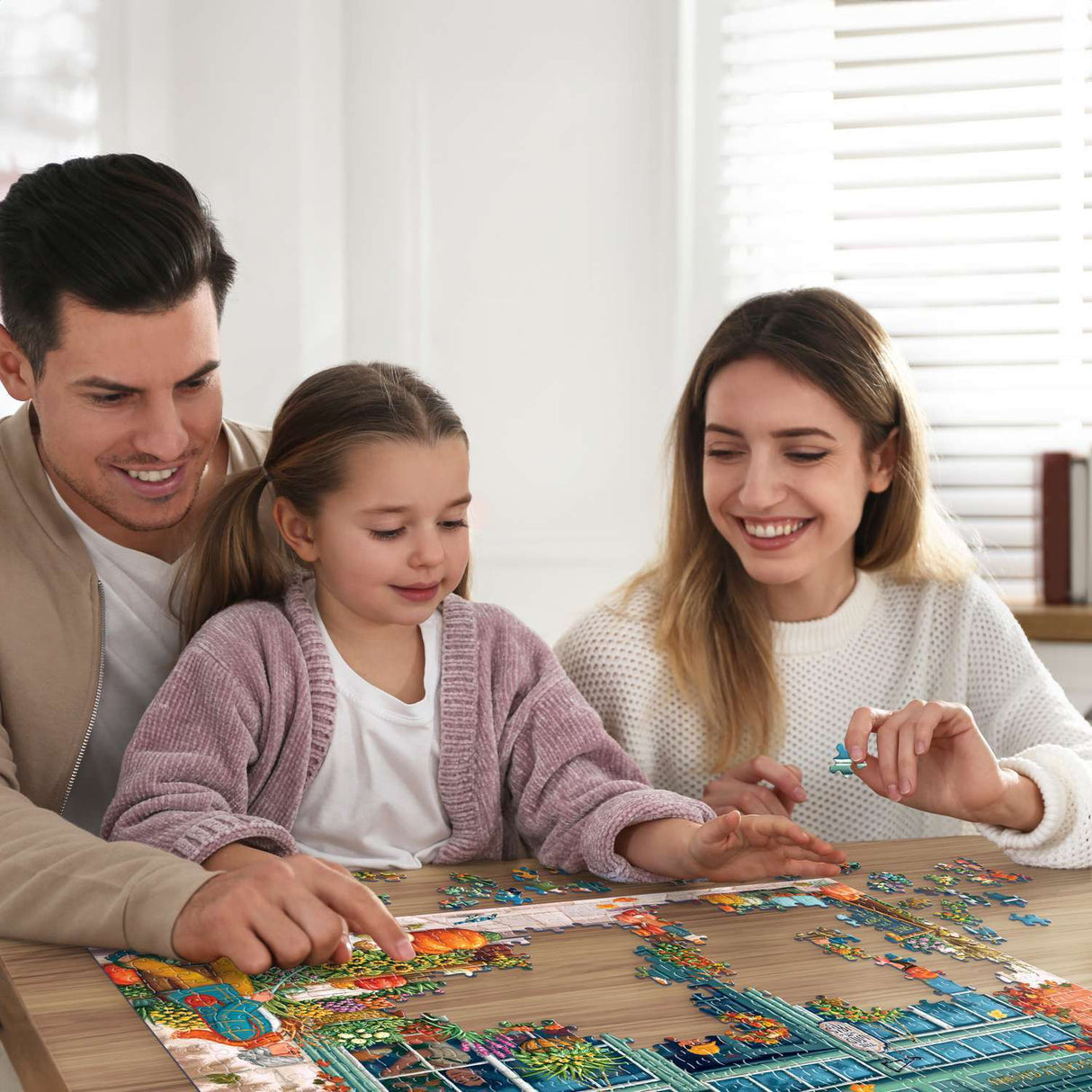 Family putting together an Autumn flower shop scene filled with colorful blooms and pumpkins, in a 500 piece jigsaw puzzle by Boardwalk