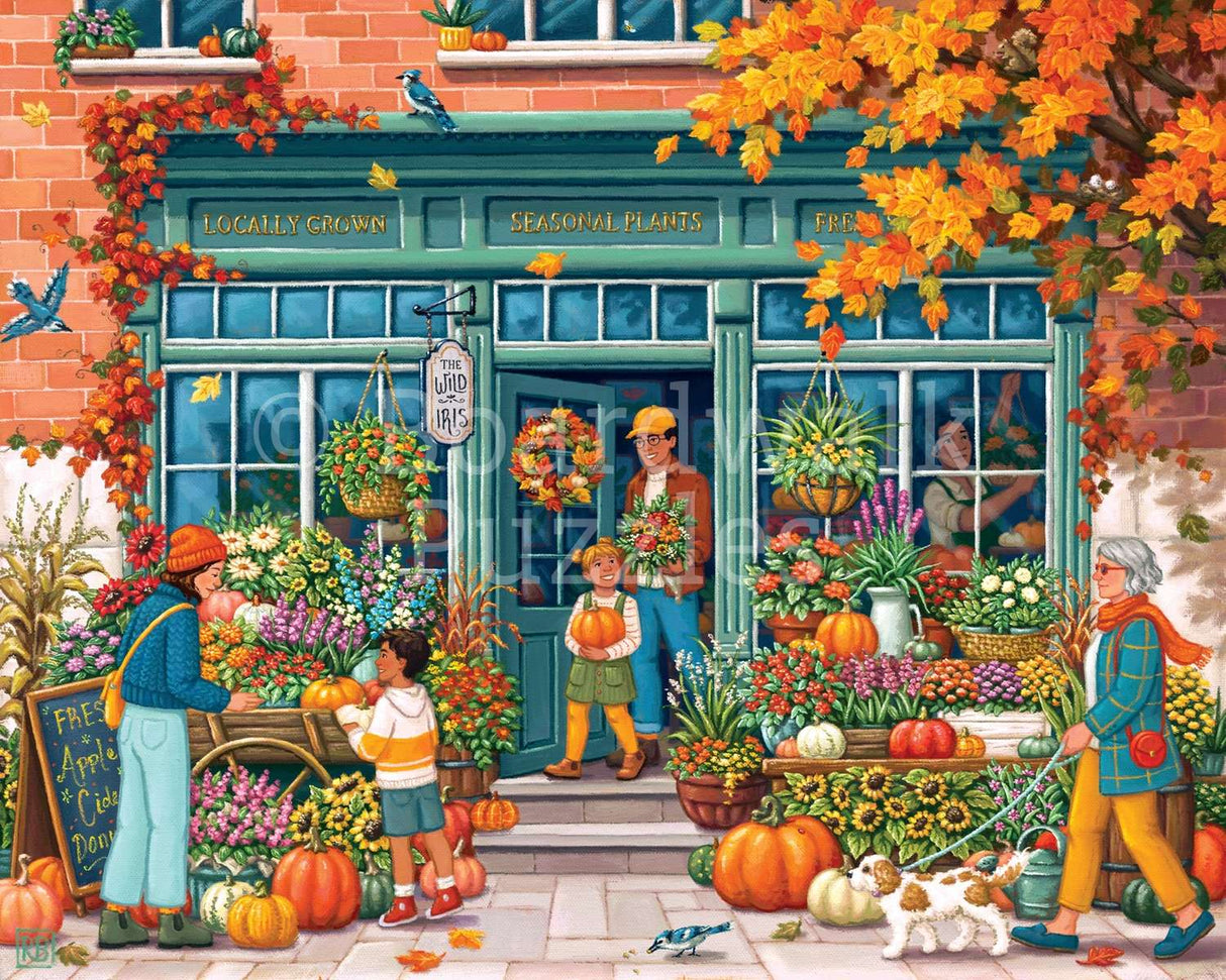 Boardwalk 500-piece jigsaw puzzle of a quaint flower shop decorated for fall