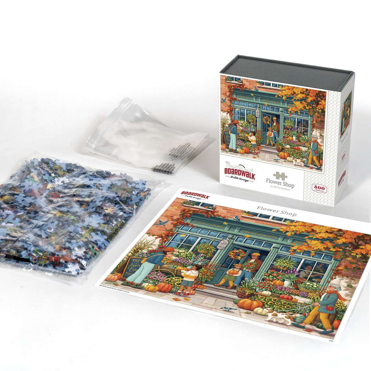 Contents for the Boardwalk 500 Piece puzzle by Boardwalk containing a poster, puzzle, and box.