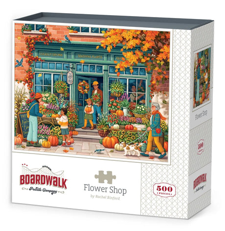 Box for Flower Shop puzzle featuring vibrant autumn flowers and pumpkins by Boardwalk