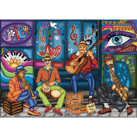 he Gentleman Band 1000-piece puzzle by JaCaRou shows musicians performing on a lively street with bold colors, peace symbols, and musical notes. A fun, challenging jigsaw puzzle for adults and music lovers alike.