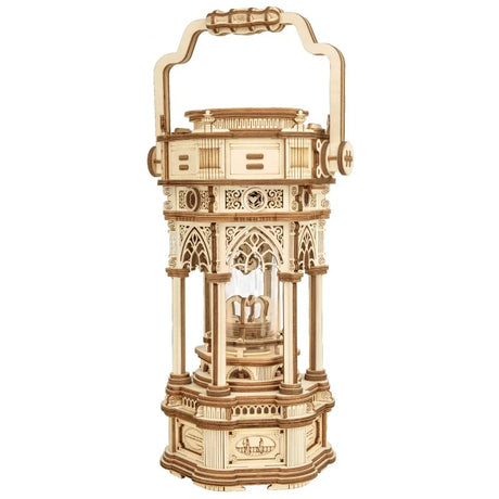 DIY 3D Lantern Wooden Model Kit by Robotime Rokr. 210-piece rotatable music box. Victorian style, ideal for ages 12+.