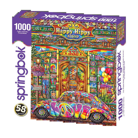 Box for The Happy Hippy Shop puzzle featuring a colorful 70s-themed scene with retro decor and peace signs by Springbok