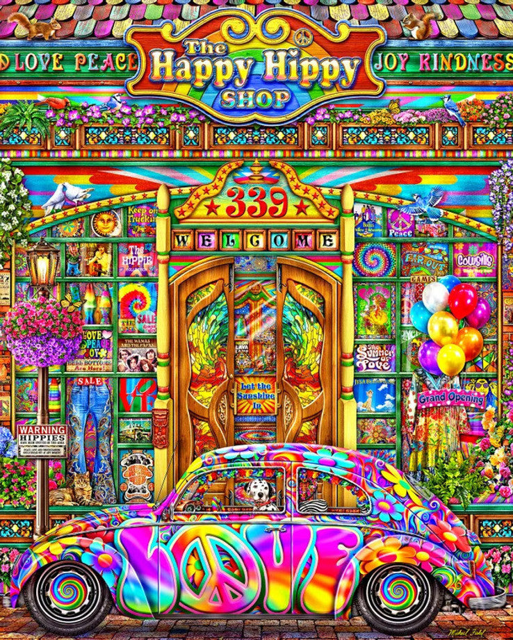 Springbok 1000-piece jigsaw puzzle of a vibrant hippy shop filled with tie-dye, vinyl records, and vintage treasures