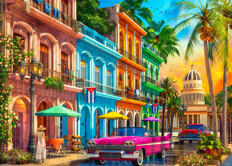 Bright and Colorful 1000 piece jigsaw puzzle of a Havana sunset by Springbok.