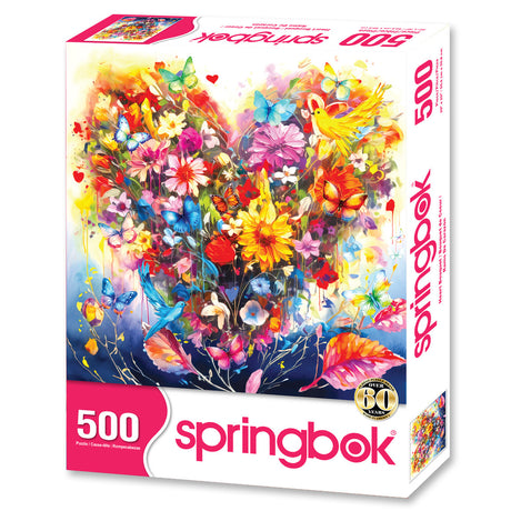 High-quality Springbok puzzle featuring intricate heart-shaped bouquet design 500 pieces