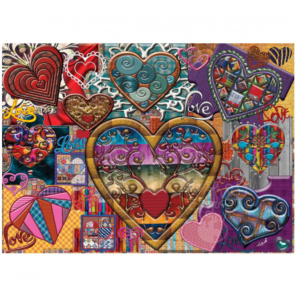 Hearts of Glass 1000 piece jigsaw puzzle by JaCaRou Puzzles with colorful hearts