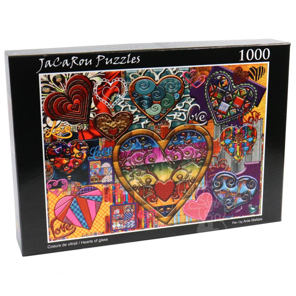 Box for Hearts of Glass 1000 piece jigsaw puzzle with colorful heart designs by JaCaRou Puzzles