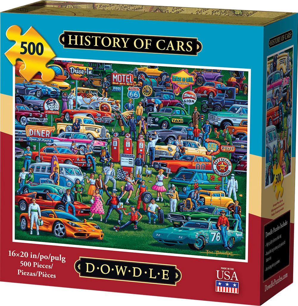 History of Cars puzzle box featuring classic and vintage automobiles by Dowdle Folk Art 500 piece puzzle