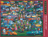 Puzzle Insert for Dowdle Folk Art 500-piece jigsaw puzzle with a vibrant car-themed scene from different eras