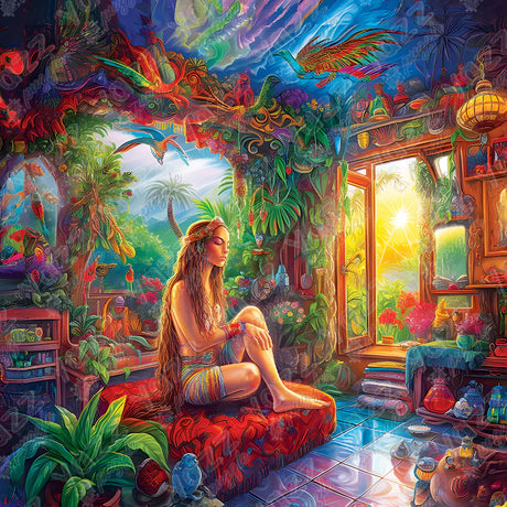 Colorful Jigsaw Puzzle with a vibrant tropical scene featuring a serene woman in paradise. 1000 Piece jigsaw puzzle by Yazz