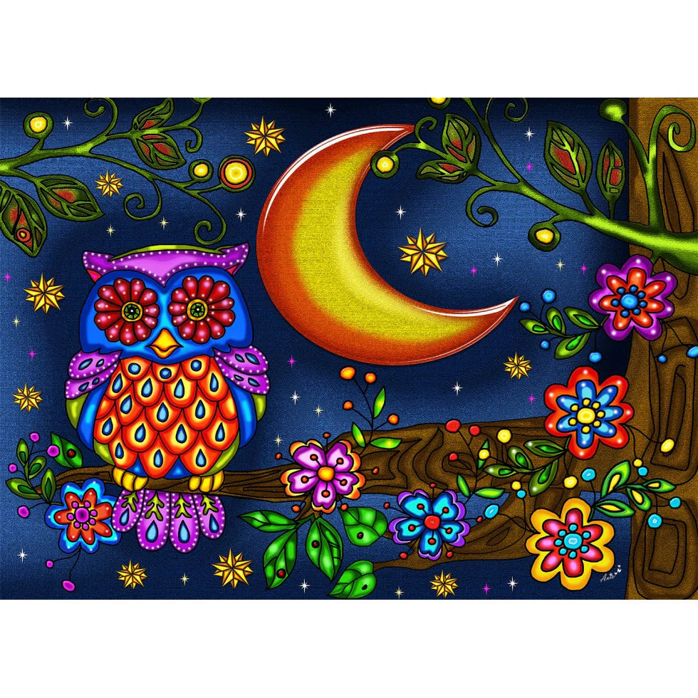 It’s Owl Good 500-piece puzzle by JaCaRou, featuring a colorful owl perched on a branch under a crescent moon and starry sky.