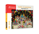 Box and finished Imaginary City puzzle showcasing Daria Hlazatova’s artwork a 300 piece puzzle by Pomegranate