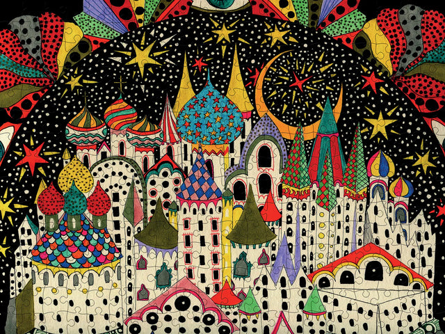 Daria Hlazatova Imaginary City 300-piece jigsaw puzzle - vibrant cityscape by Pomegranate