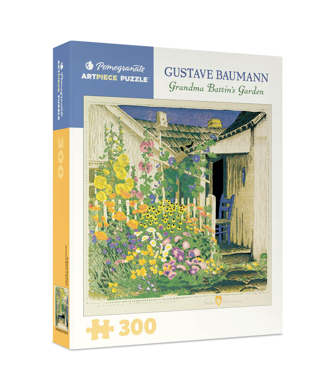 Box of finished Grandma Battin’s Garden puzzle featuring Baumann’s artwork by Pomegranate