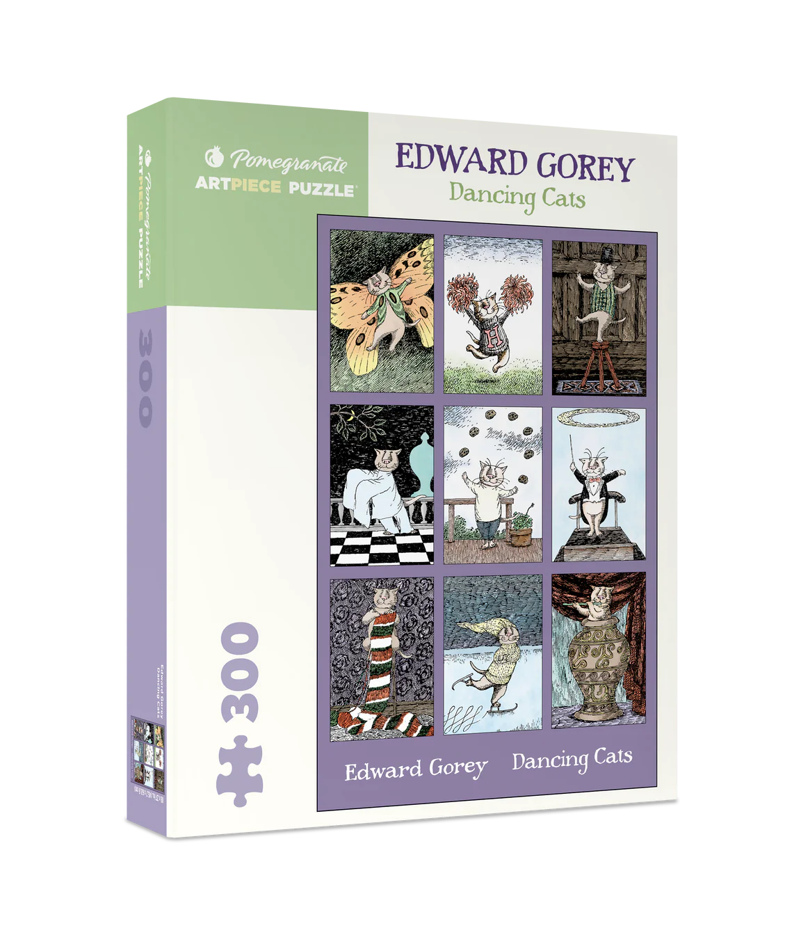 Box of finished Dancing Cats puzzle featuring Edward Gorey’s eccentric artwork by Pomegranate