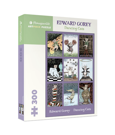 Box of finished Dancing Cats puzzle featuring Edward Gorey’s eccentric artwork by Pomegranate