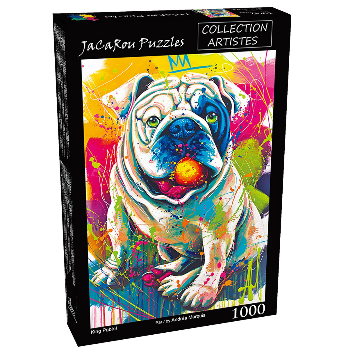 Box for King Pablo 1000 piece puzzle featuring a vibrant bulldog design by JaCaRou Puzzles 