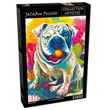 Box for King Pablo 1000 piece puzzle featuring a vibrant bulldog design by JaCaRou Puzzles 