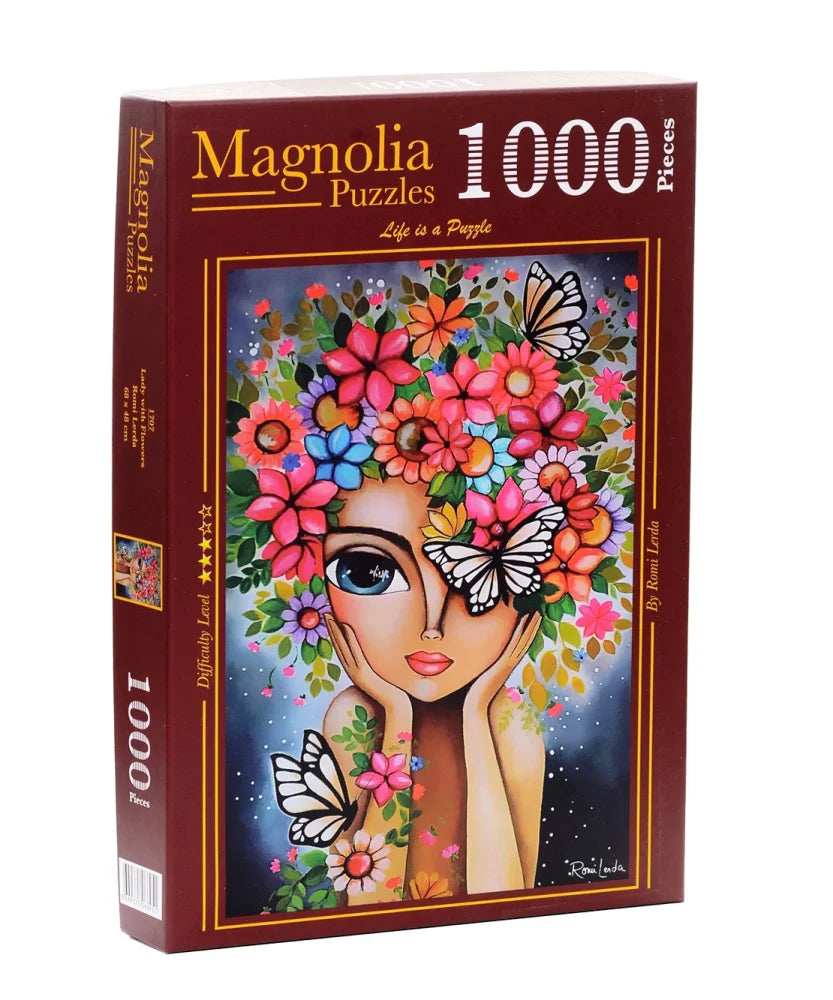 Lady with Flowers 1000 piece jigsaw puzzle by Magnolia, featuring Romi Lerda's artwork of a figure surrounded by vibrant flowers and butterflies