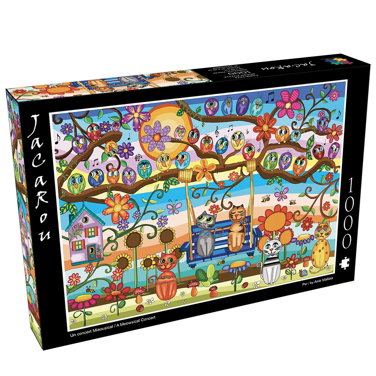 Box for Meowsical Concert jigsaw puzzle featuring colorful owls and cats.