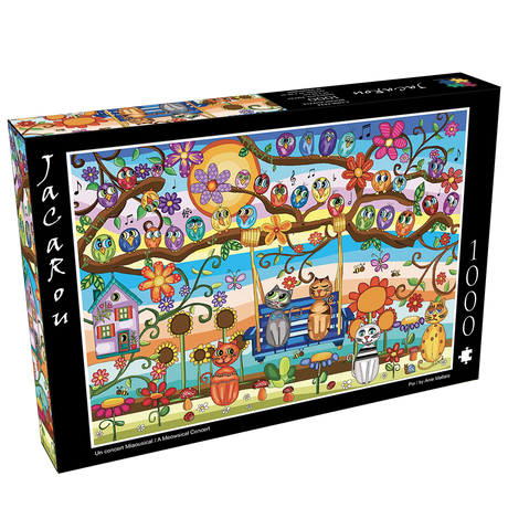 Box for Meowsical Concert jigsaw puzzle featuring colorful owls and cats.