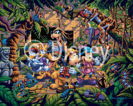 Close-up of Mickey and Goofy exploring the jungle in the vibrant puzzle artwork