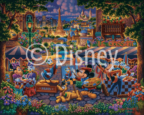 Close-up of Mickey and Donald painting in a Parisian art scene from the puzzle