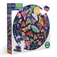 Box for the Moths round jigsaw puzzle featuring colorful moths under a moonlit sky by eeboo a 500 piece jigsaw puzzle