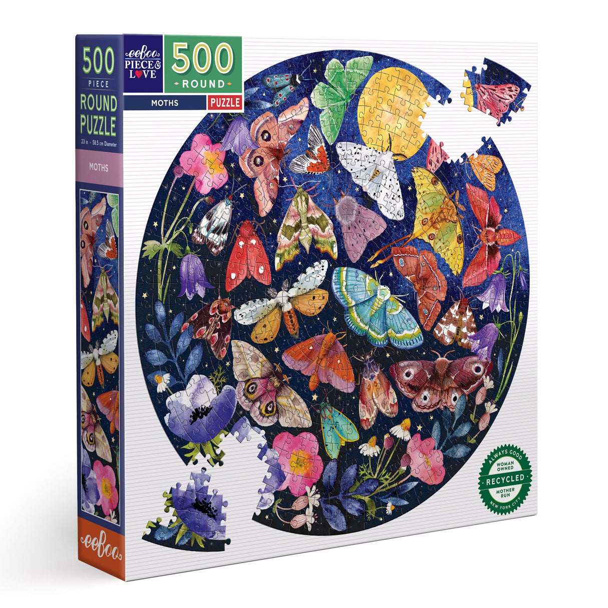 Box for the Moths round jigsaw puzzle featuring colorful moths under a moonlit sky by eeboo a 500 piece jigsaw puzzle