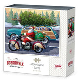 Box for Motorcycle Santa puzzle featuring Santa riding a classic red motorcycle past a vintage station wagon by Boardwalk