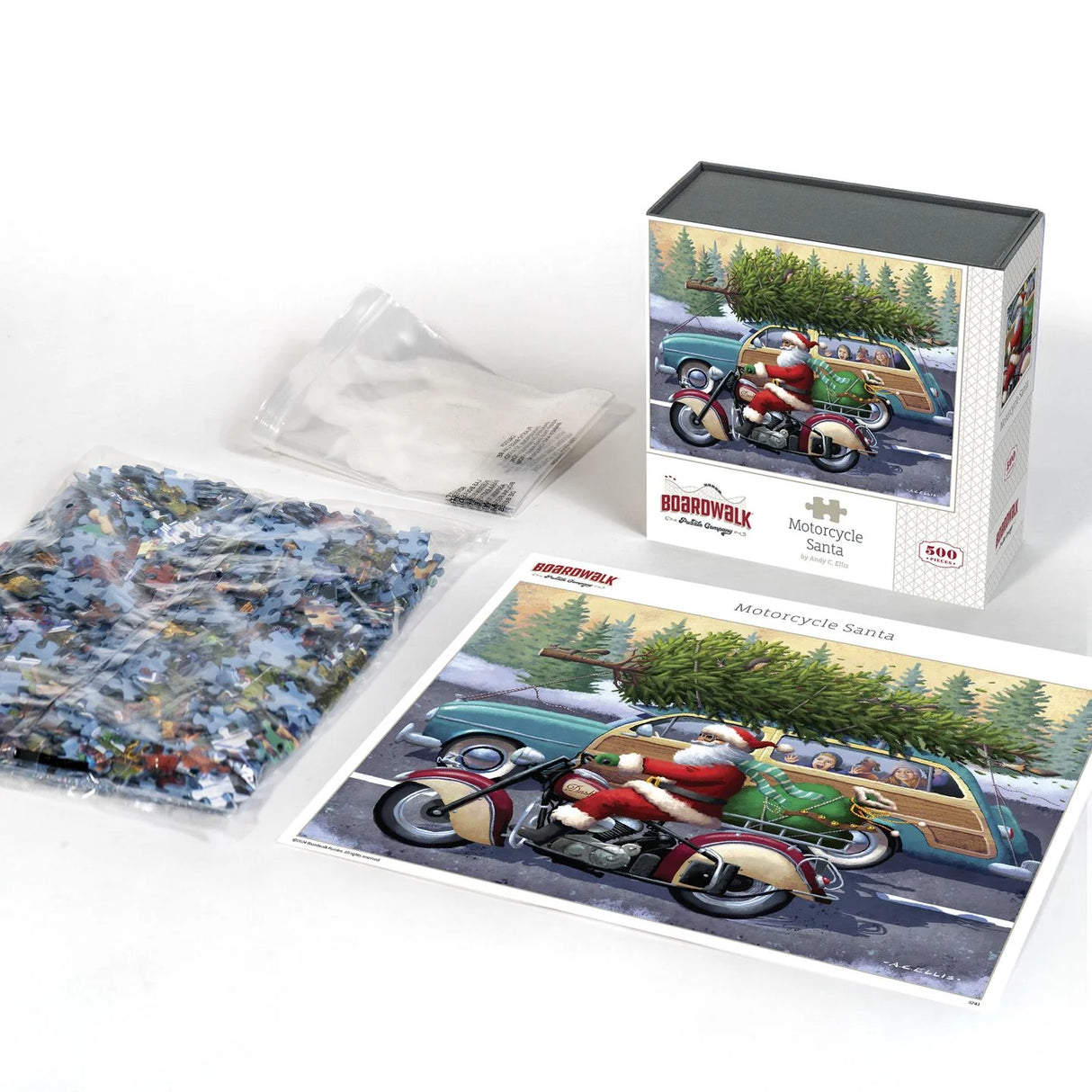 Contents for Boardwalk 500 piece jigsaw puzzle of Santa on a motorcycle waving to a family with a Christmas tree on their car