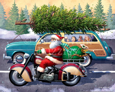 Fun holiday-themed puzzle of Santa riding a motorcycle with kids and their dog watching from a vintage car, by Boardwalk