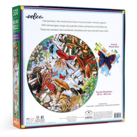 Back of the box for the Mushrooms and Butterflies colorful jigsaw puzzle by eeBoo Piece and Love.