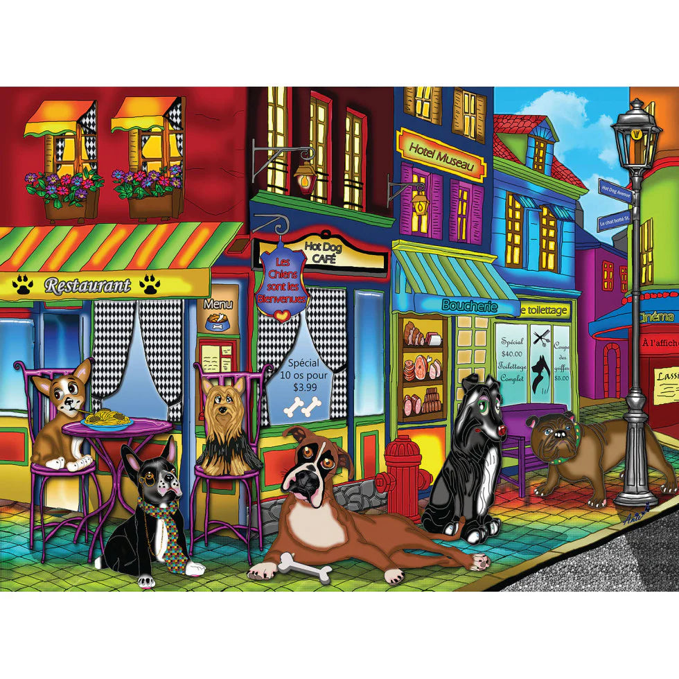 New Dogs on the Block 1000 Piece Jigsaw Puzzle by JaCaRou Puzzles with lots of dogs in a charming cafe with a bright colored puzzle.