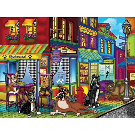 New Dogs on the Block 1000 Piece Jigsaw Puzzle by JaCaRou Puzzles with lots of dogs in a charming cafe with a bright colored puzzle.