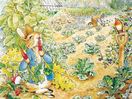 500-piece Peter Rabbit's Garden Snack jigsaw puzzle by New York Puzzle Company depicting Peter Rabbit enjoying a meal in a lush garden filled with vegetables and a friendly bird.
