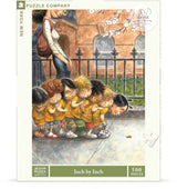 Cover of box for the 500 piece jigsaw puzzle featuring children and a worm on the sidewalk by NY Puzzle Company