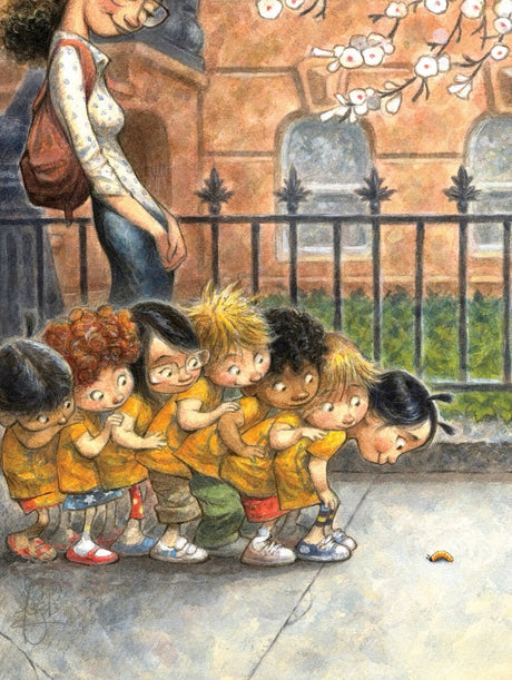 Heartwarming puzzle scene of children watching a worm in the Inch by Inch puzzle by New York Puzzle Company