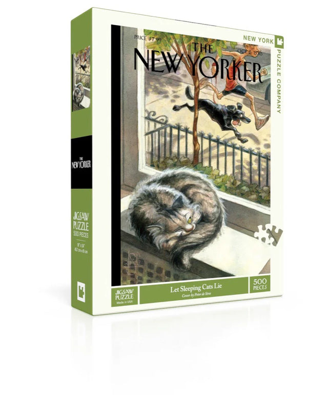 Cute cat puzzle with a cat sleeping by the window and a dog running by New York Puzzle Company.