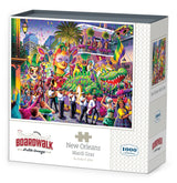 Box for Boardwalk 1000 piece jigsaw puzzle of a vibrant Mardi Gras celebration with floats and jazz musicians