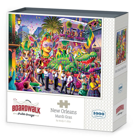 Box for Boardwalk 1000 piece jigsaw puzzle of a vibrant Mardi Gras celebration with floats and jazz musicians