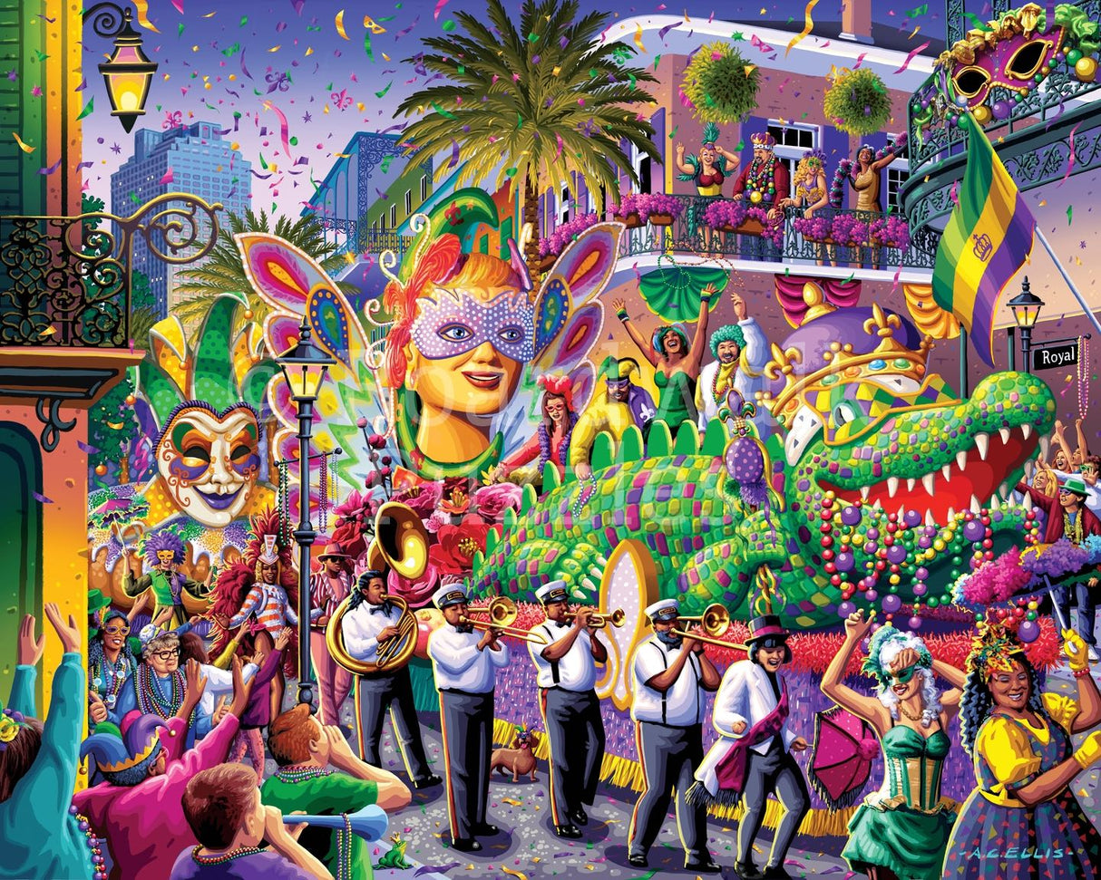 Festive Mardi Gras-themed puzzle with colorful floats, beads, and dancing revelers by Boardwalk