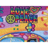 Close-up of Peace and Love 1000-piece puzzle by JaCaRou, showing a "Love and Peace" text with bright colors and peace symbols, perfect for retro art lovers.