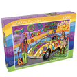 Peace and Love 1000-piece puzzle box by JaCaRou featuring a vibrant, retro-inspired scene with a colorful van decorated with peace signs and flowers.