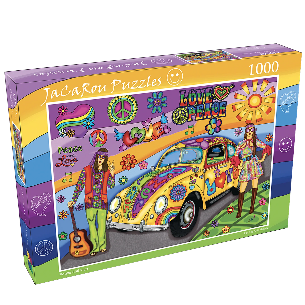 Peace and Love 1000-piece puzzle box by JaCaRou featuring a vibrant, retro-inspired scene with a colorful van decorated with peace signs and flowers.