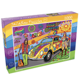 Peace and Love 1000-piece puzzle box by JaCaRou featuring a vibrant, retro-inspired scene with a colorful van decorated with peace signs and flowers.